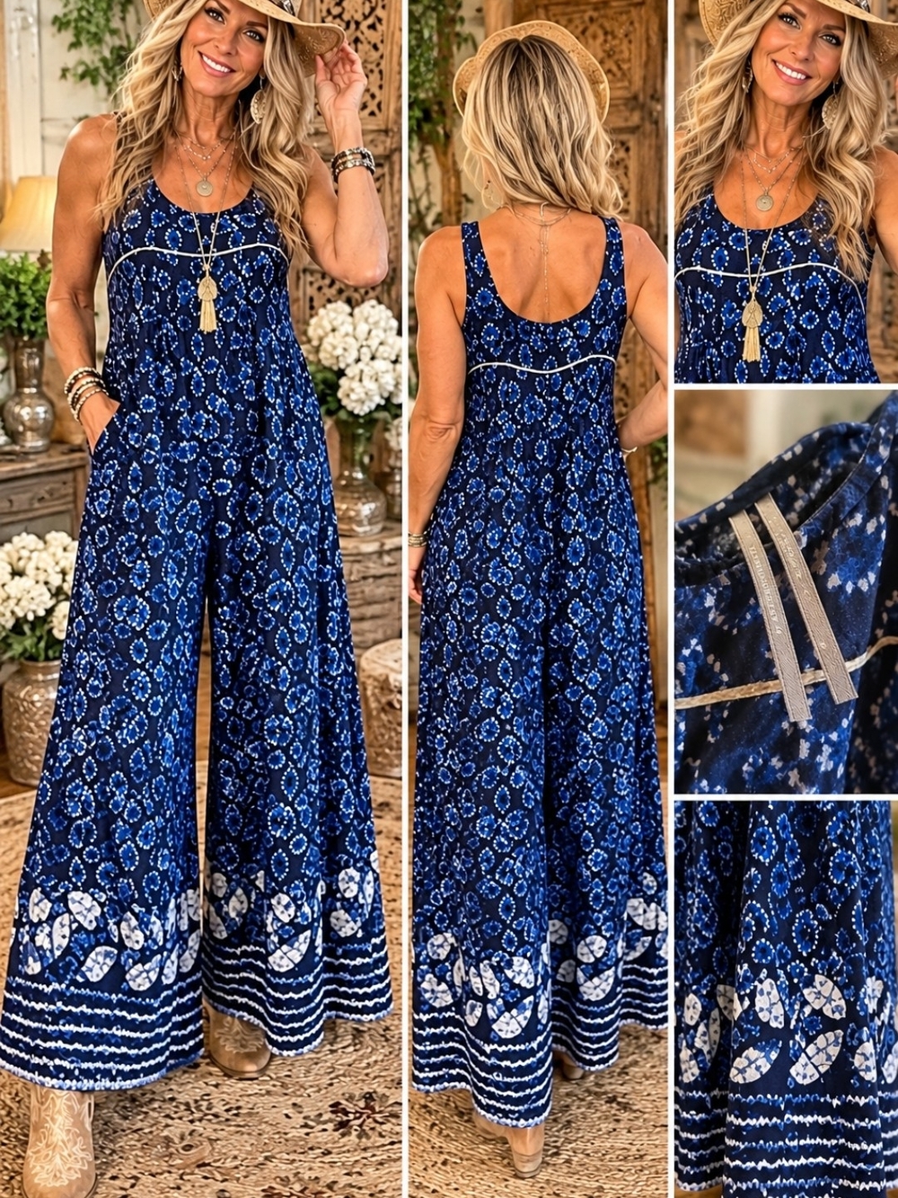 Anthropologie Blue & White Printed Wide-Leg Jumpsuit